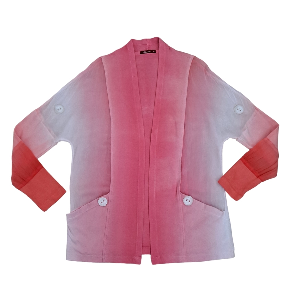 Barbara Lesser Women's Pink White Ombre Boho Bohemian Tie Dyed Cardigan Jacket M